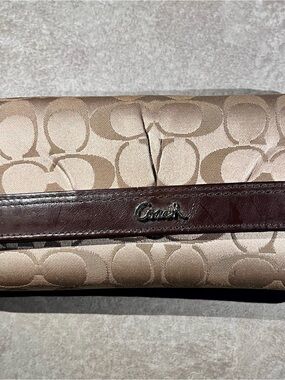 Coach Khaki and Dark Brown Signature Fold-Over Wallet and Checkbook cover